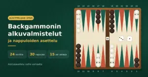 Backgammon-lauta, jonka nappulat on aseteltu aloitustilanteeseen ja pointit numeroitu 1–24, sekä otsikko "Backgammonin alkuvalmistelut ja nappuloiden asettelu" tummanvihreällä taustalla.