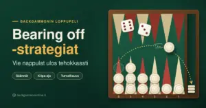 Backgammonlaudan kotialue, jolta valkoinen nappula viedään kuutospisteeltä laudan reunan lokeroon noppien näyttäessä kuusi ja kolme, sekä otsikko ”Bearing off -strategiat: vie nappulat ulos tehokkaasti”.