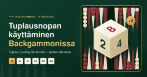 Tummanvihreä kuvituskuva, jossa backgammonlaudan parrun päällä on norsunluunvärinen tuplausnoppa luvuilla 2, 4 ja 8 sekä otsikko "Tuplausnopan käyttäminen Backgammonissa" ja tuplausnopan arvot 2–64.